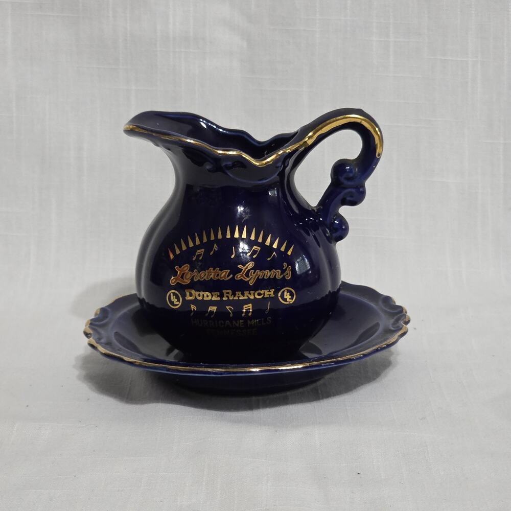 Vintage Loretta Lynn’s Dude Ranch Mini Pitcher Saucer Blue Gold Scotty Japan